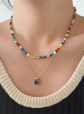 天然玛瑙水晶复古混彩叠戴项链女