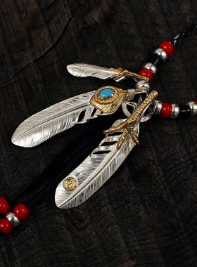 三沐饰家菊地健纯银镶嵌宝石上金松石爪羽吊坠古布绳情侣项链套装