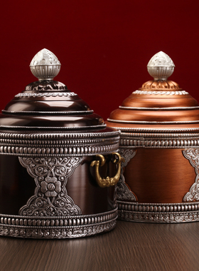 藏式尼泊尔吉祥红铜合金糌粑盒格桑花打酥油茶收纳罐家用摆件光面