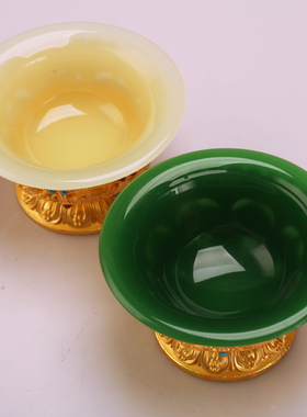 古法仿玉供水碗鎏金鎏银八吉祥格桑花糌粑碗家用供奉摆件透明供杯