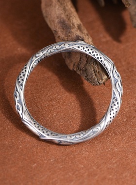 藏式纯银S925银复古如意祥云纹素银新款乾坤圈戒指指环男女手饰品