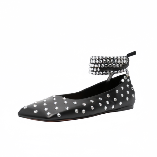 欧美外贸脚腕绑带铆钉水钻平底鞋方头瓢鞋春夏跨境4345大码女单鞋 - 图0