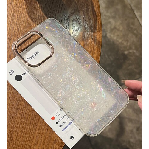 透白闪粉贝壳纹适用iPhone11苹果15手机壳16ProMax仙女14简约13/17promax防摔16高级感12金属镜框大孔保护套 - 图1