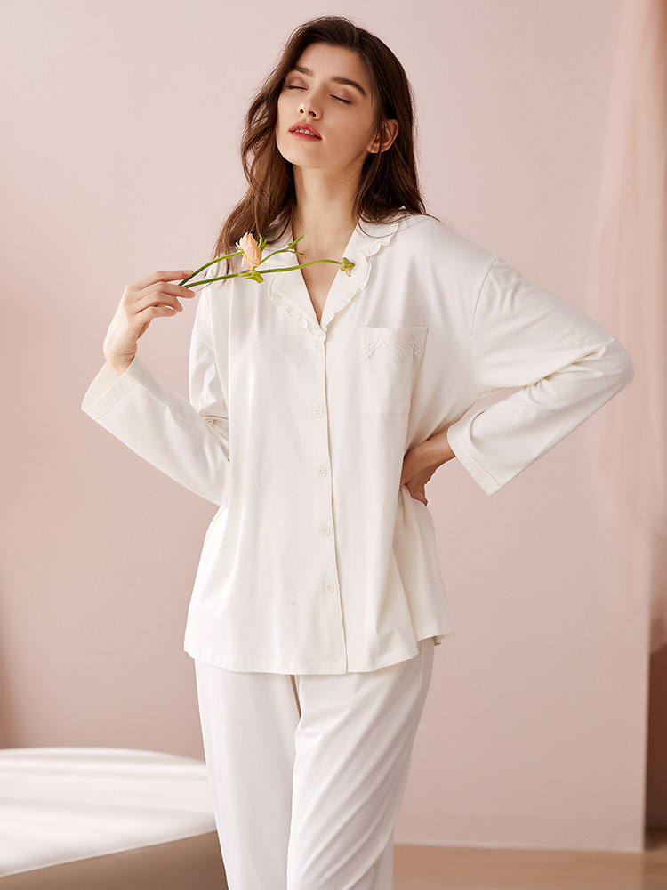 美梦2021春秋季莫代尔棉女睡衣长袖白色可外穿夏天休闲家居服套装