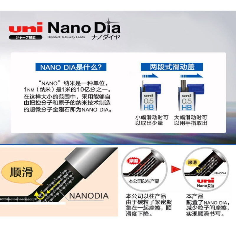 日本UNI三菱进口铅芯0.5-202ND纳米钻石特硬自动铅笔替芯5盒装 - 图1