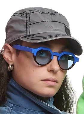 小众圆形蓝色多边形太阳眼镜高级