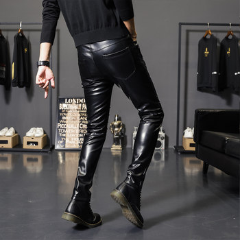 ກາງເກງຫນັງຜູ້ຊາຍລະດູຫນາວ rivet splicing ກາງເກງຫນັງສີດໍາສໍາລັບຜູ້ຊາຍໄວຫນຸ່ມໃນແບບເກົາຫຼີ trousers ກະທັດຮັດ trendy ກະທັດຮັດສໍາລັບຕີນຂະຫນາດນ້ອຍ