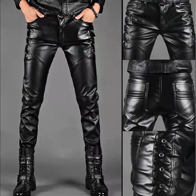 Bullish men's leather pants plus thin velvet Korean slim -fitting tide autumn and winter casual slim locomotive small feet pants black long