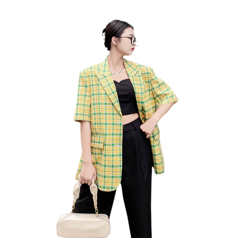 黄绿色格子短袖西装外套女夏季薄款网红气质设计感炸街格纹小西服