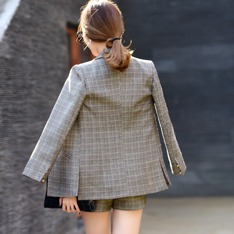 2018秋装新款女装韩版时尚套装复古格子小西