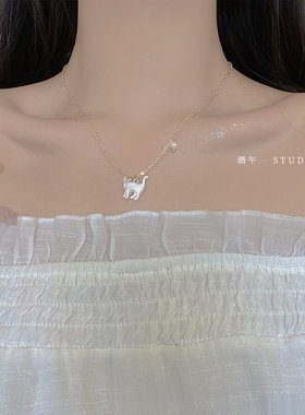 酒午白蝶贝猫咪项链毛衣链原创