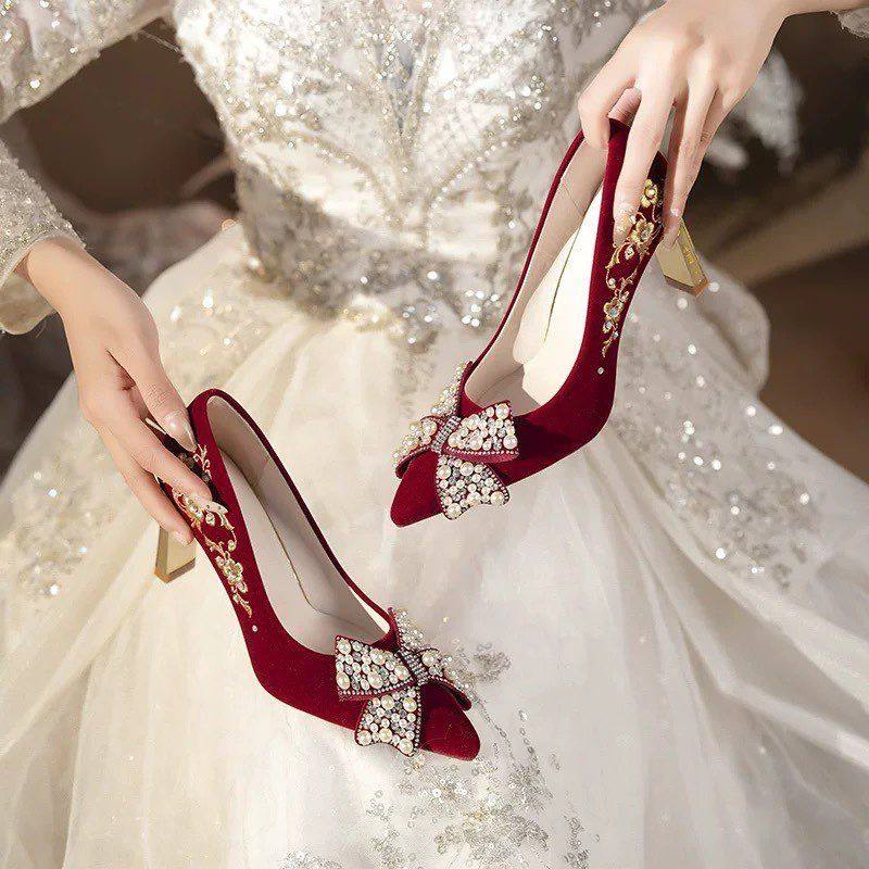 红色绝美婚鞋女水钻珍珠蝴蝶结高跟鞋新娘鞋不累脚2026年春秋新款,淘宝优惠券,粉丝福利购,淘宝优惠卷