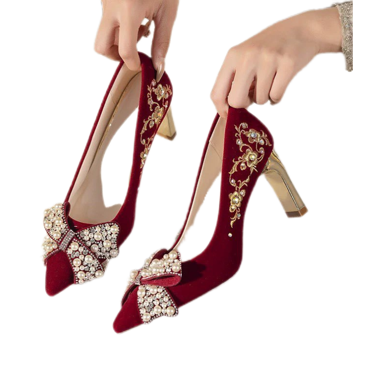 红色绝美婚鞋女水钻珍珠蝴蝶结高跟鞋新娘鞋不累脚2026年春秋新款,淘宝优惠券,粉丝福利购,淘宝优惠卷