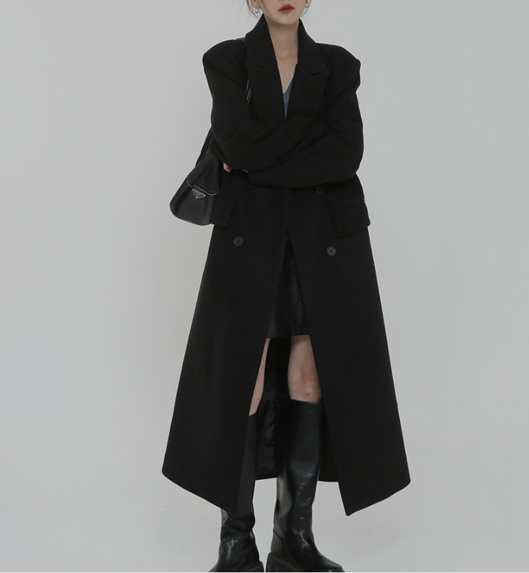 黑色毛呢外套女2022秋冬韩版显瘦加厚气质过膝超长款学生风呢大衣