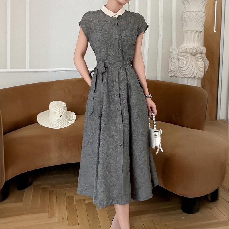 欧洲站连衣裙女装夏季新款时尚高级奢华灰色妈妈衬衫裙子气质长裙
