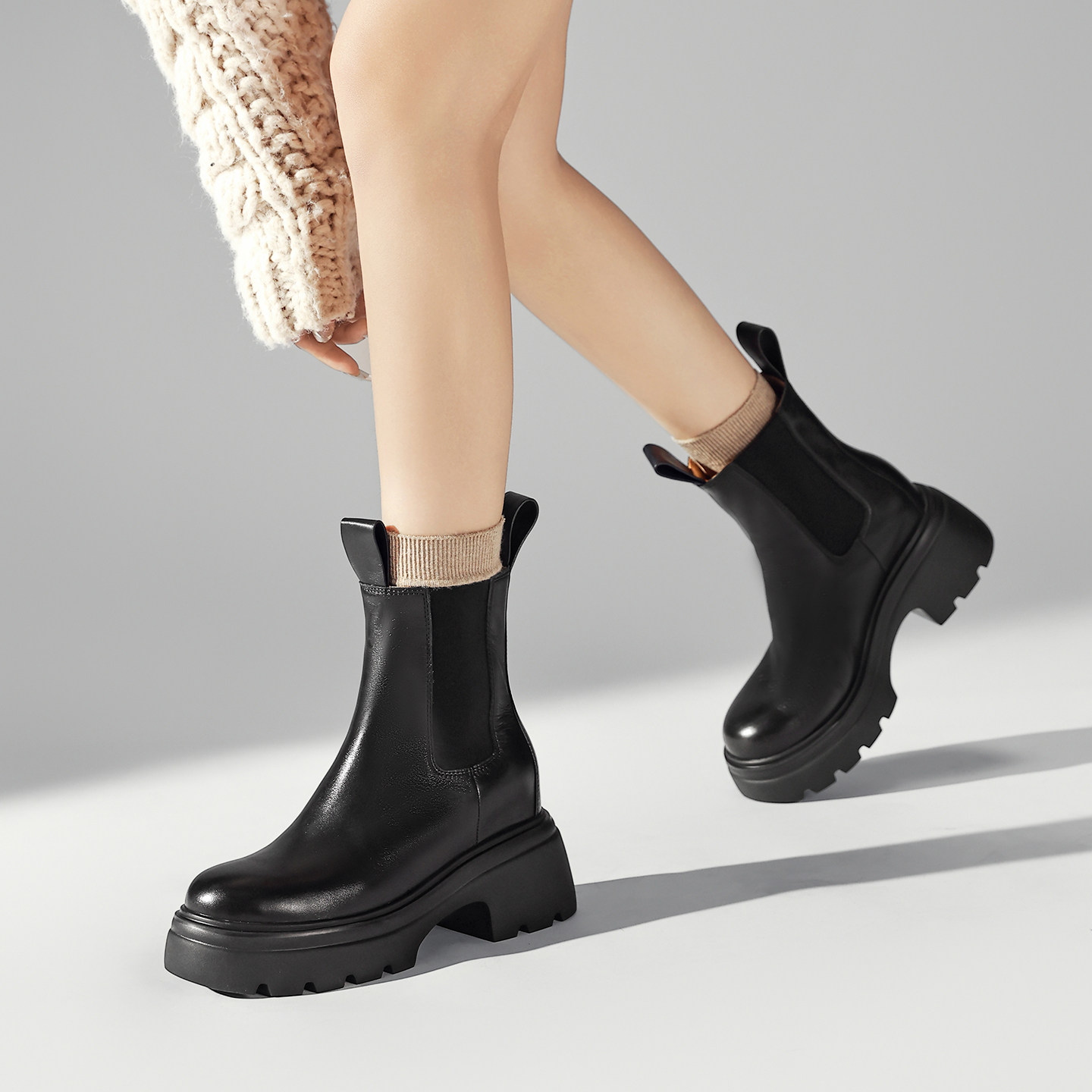 厚底增高8.5cm真皮马丁靴女小码313233显瘦烟筒靴时尚切尔西短靴,淘宝优惠券,粉丝福利购,淘宝优惠卷