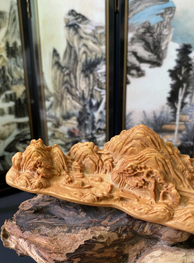 崖柏木雕刻千里江山摆件笔搁笔架山水画文房送礼品手把件