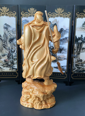 崖柏木雕关二爷摆件实木雕刻关公神像玄关饰品武财神关羽横刀关公