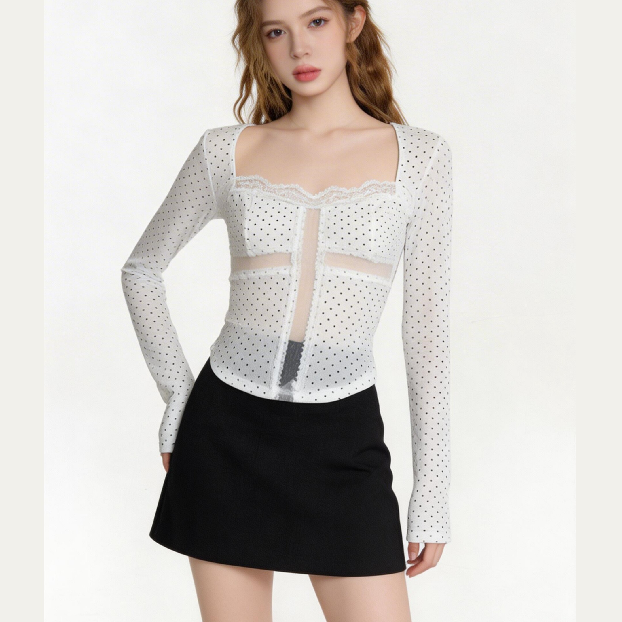 甜辣风波点方领上衣女蕾丝花边网纱拼接修身显瘦T恤长袖打底衫