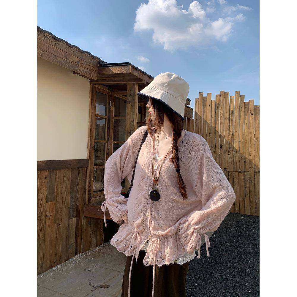 紫色钩花镂空v领针织衫女秋冬设计感抽绳系带宽松喇叭袖毛衣开衫,淘宝优惠券,粉丝福利购,淘宝优惠卷