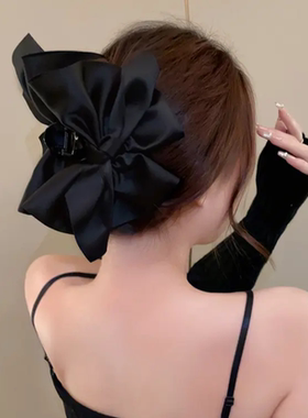 大蝴蝶结很显头~缎面黑色发抓鲨鱼夹女发夹后脑勺量多发卡抓夹ins