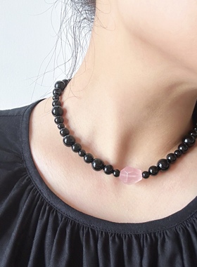 粉晶随行黑玛瑙少女甜酷锁骨链