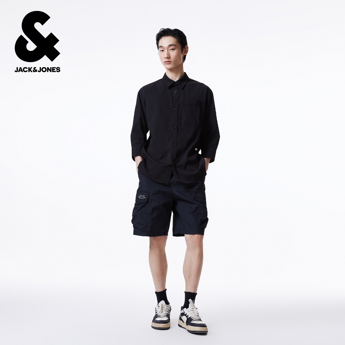 绫致杰克琼斯秋冬新时尚纽扣刺绣翻领宽松休闲七分袖衬衫男 - 图0