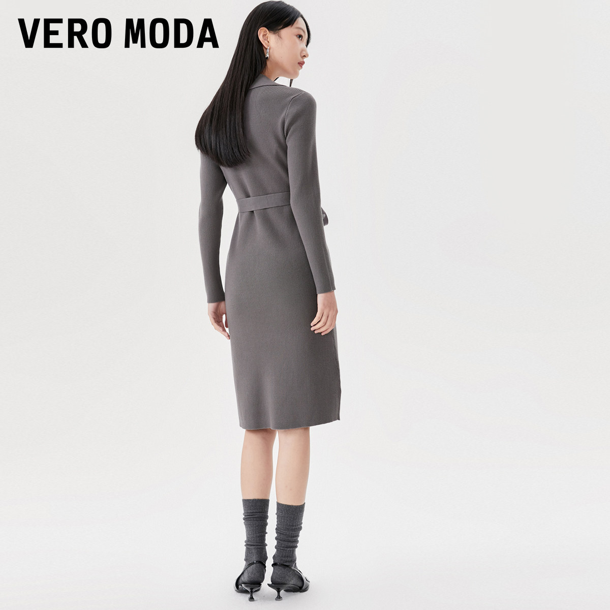 绫致Vero Moda连衣裙秋冬针织中长裙H版长袖V领直筒女时尚潮