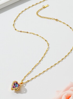 轻奢蓝紫色水晶海洋之心项链女感不褪色锁骨链网红百搭吊坠女