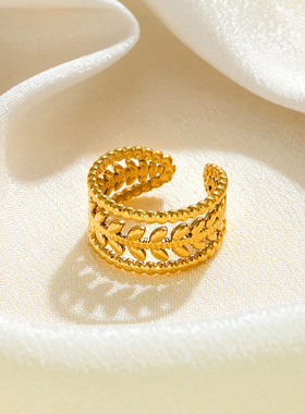 跨境复古镂空树叶钛钢戒指 18K金小众设计潮流麦穗不锈钢百搭指环