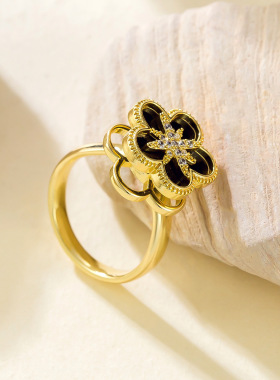 复古黑色八芒星指环甜美超仙优雅气质轻奢五叶花开口调节旋转戒指