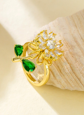 日韩风跨境旋转向日葵镶锆石指环小众 ins时尚太阳花绿叶开口戒指