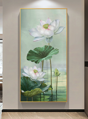 手绘油画高级感荷花装饰画入户正对门玄关竖版挂画2025年新款高端