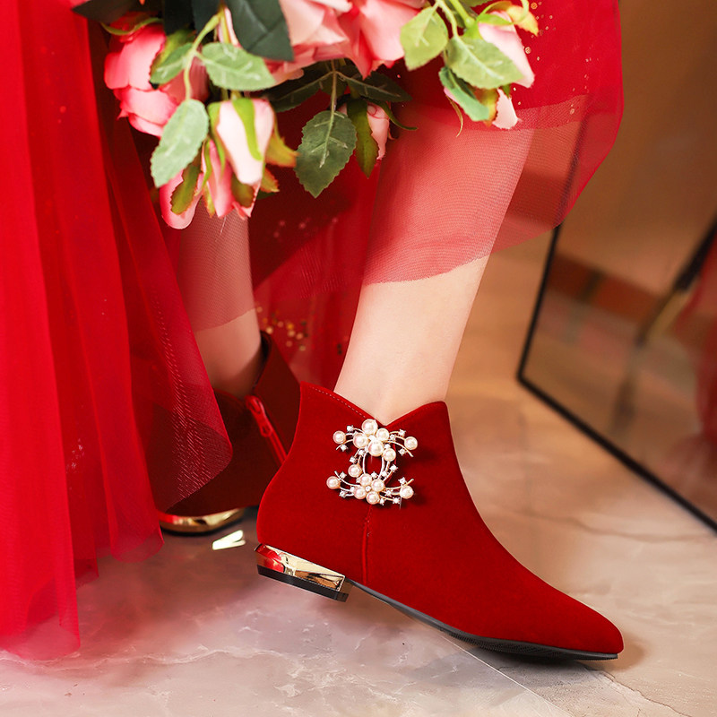 加绒冬季婚鞋女2024新款酒红色结婚秀禾低跟孕妇平底大码新娘红鞋,淘宝优惠券,粉丝福利购,淘宝优惠卷