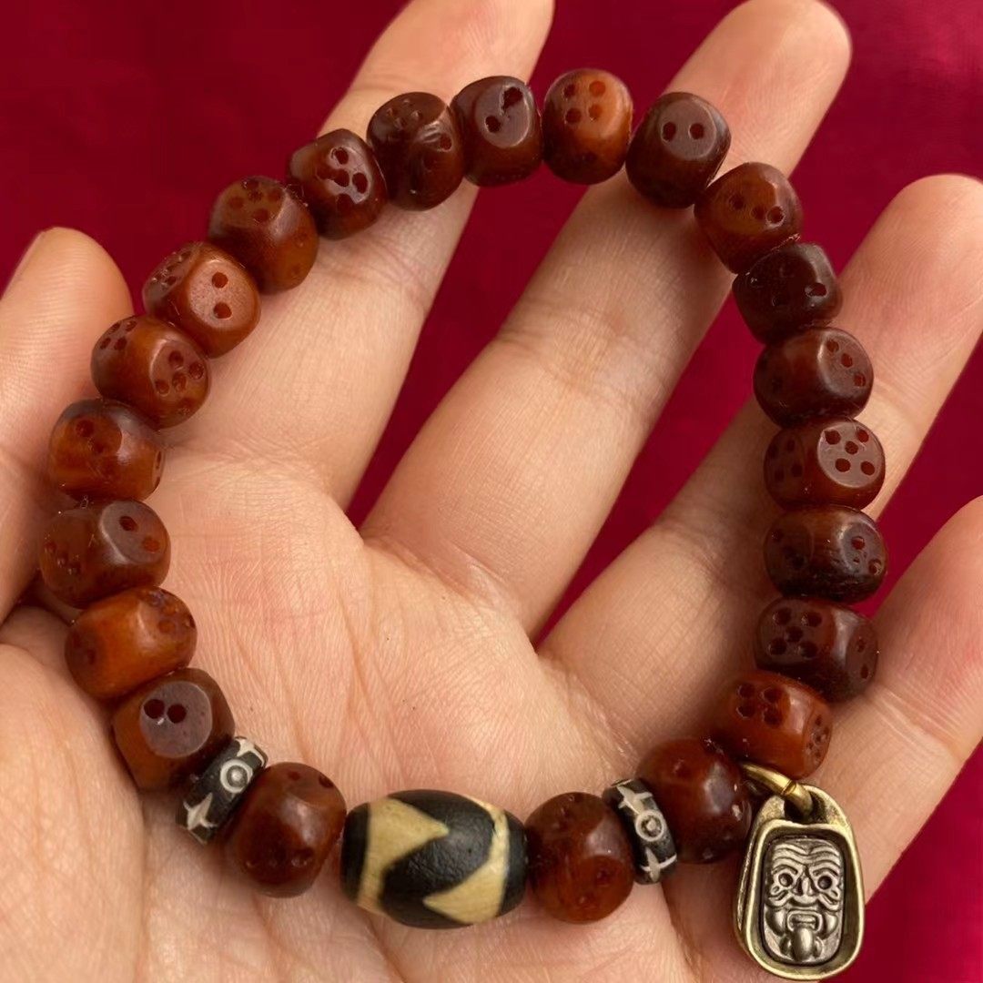 骰子手串牛骨雕骰子手链文玩收藏古玩雕刻男女民族风藏式念珠盘玩