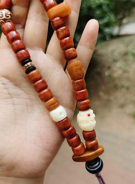 藏式牦牛骨回流炸裂纹手持10mm桶珠猫头鹰吊坠白料配饰民族风手串