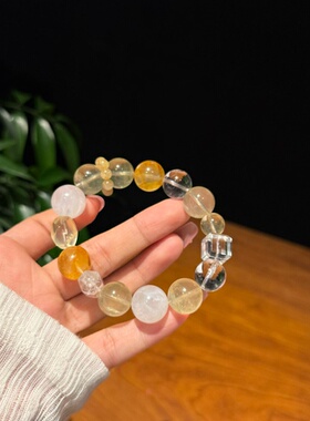 浮光跃金黄白水晶天然黄萤石白幽灵黄胶花手链莫奈花园多宝女款