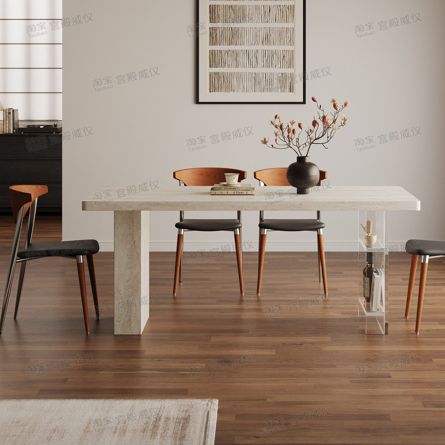 宫殿威仪家用小户型一桌四椅组合悬浮亚克力洞石岩板餐桌长方形桌,淘宝优惠券,粉丝福利购,淘宝优惠卷
