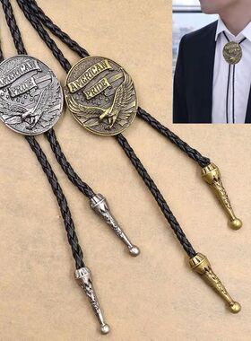 西部新款 可调节牛头复古衬衫链实心波洛领绳皮项链 bolo tie领带