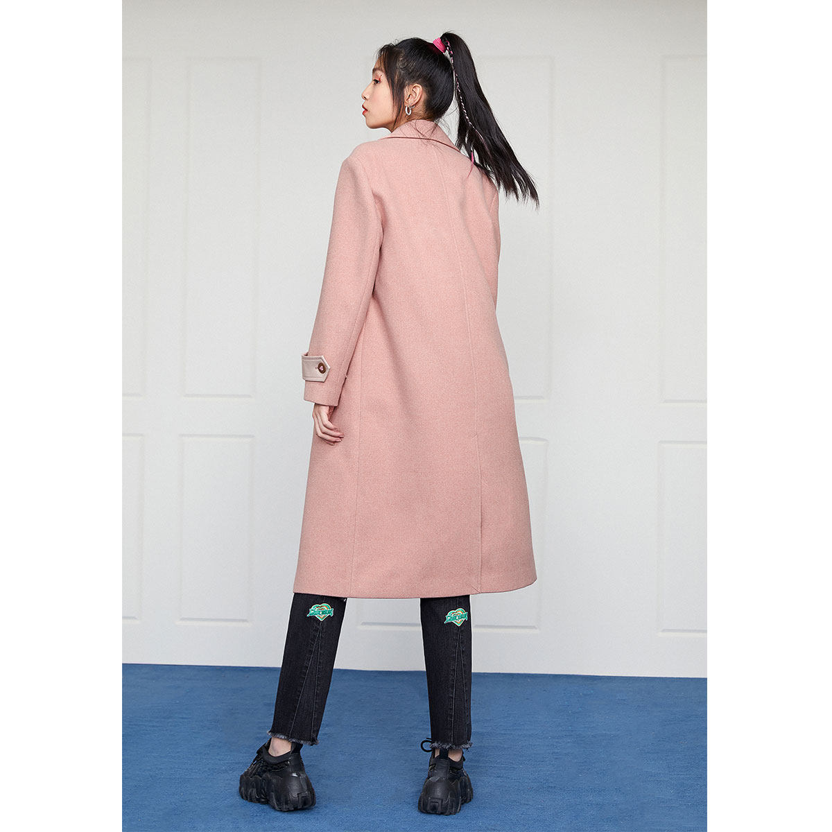 【玛丽猫联名】太平鸟黑色毛呢大衣 太平鸟广仁毛呢外套