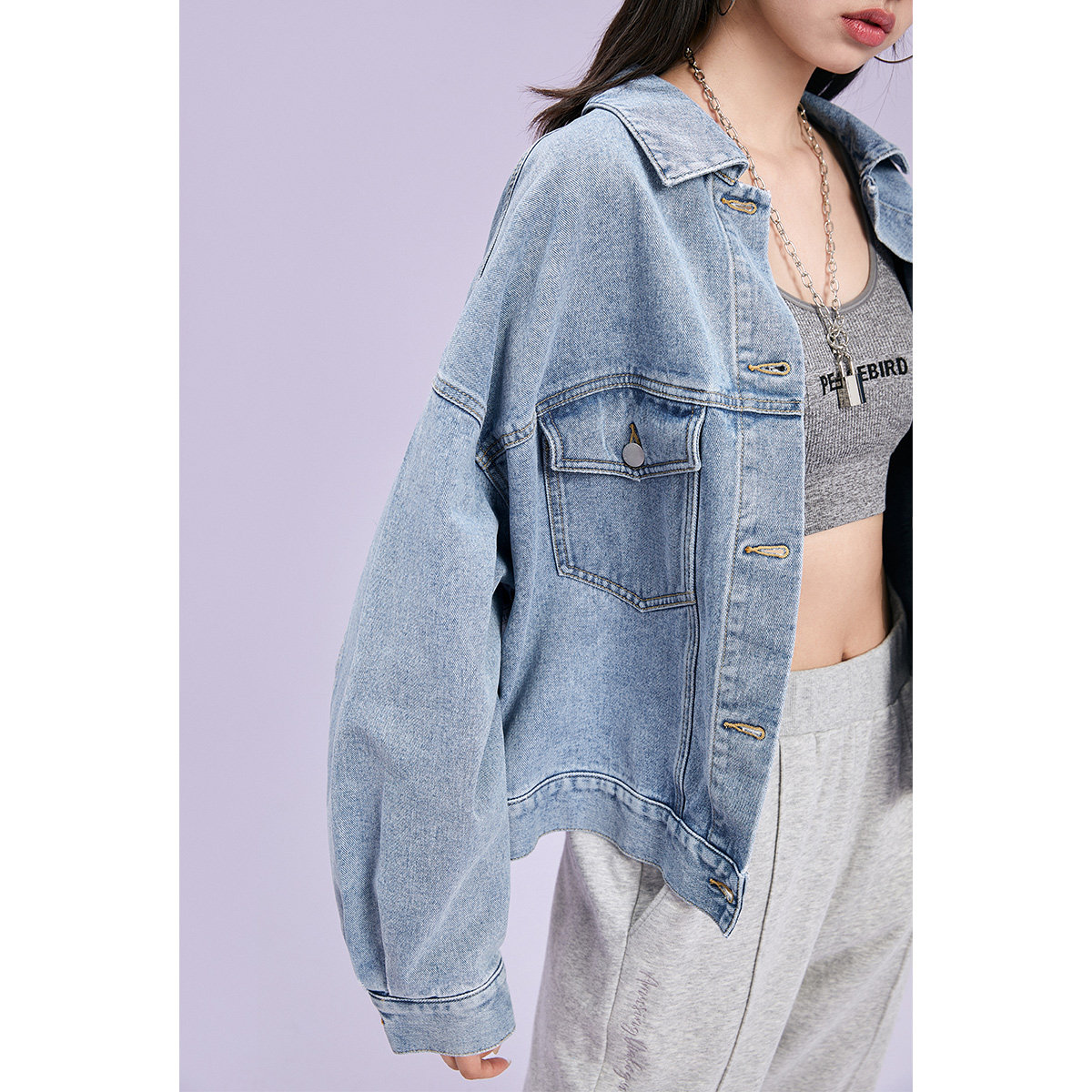 太平鸟短款牛仔女春秋装新款牛仔衣 太平鸟喜之乐短外套