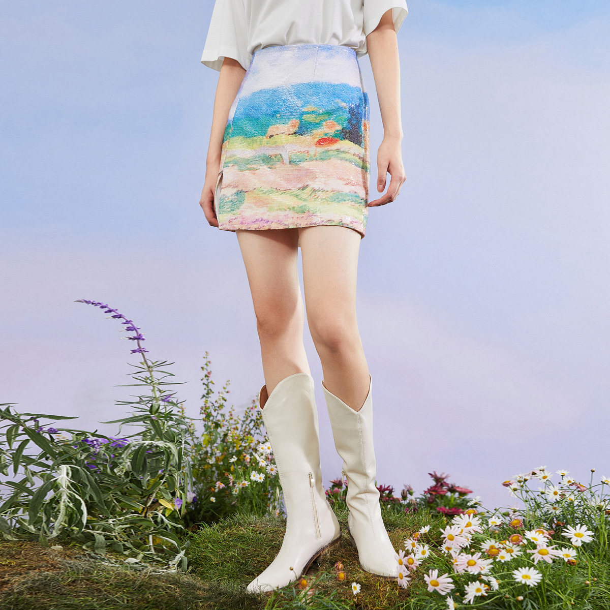 太平鸟高腰油画风珠片绣2020半身裙 太平鸟普埃拉半身裙