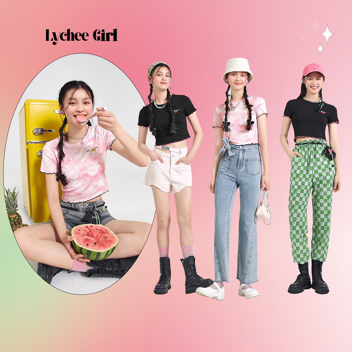 太平鸟短款bm风晕染针织女2022 t恤 太平鸟喜之乐T恤