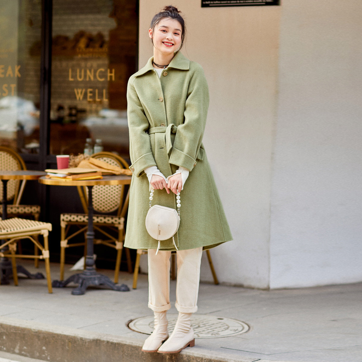 【反季清仓】太平鸟灰绿色翻领呢大衣 太平鸟喜之乐毛呢外套