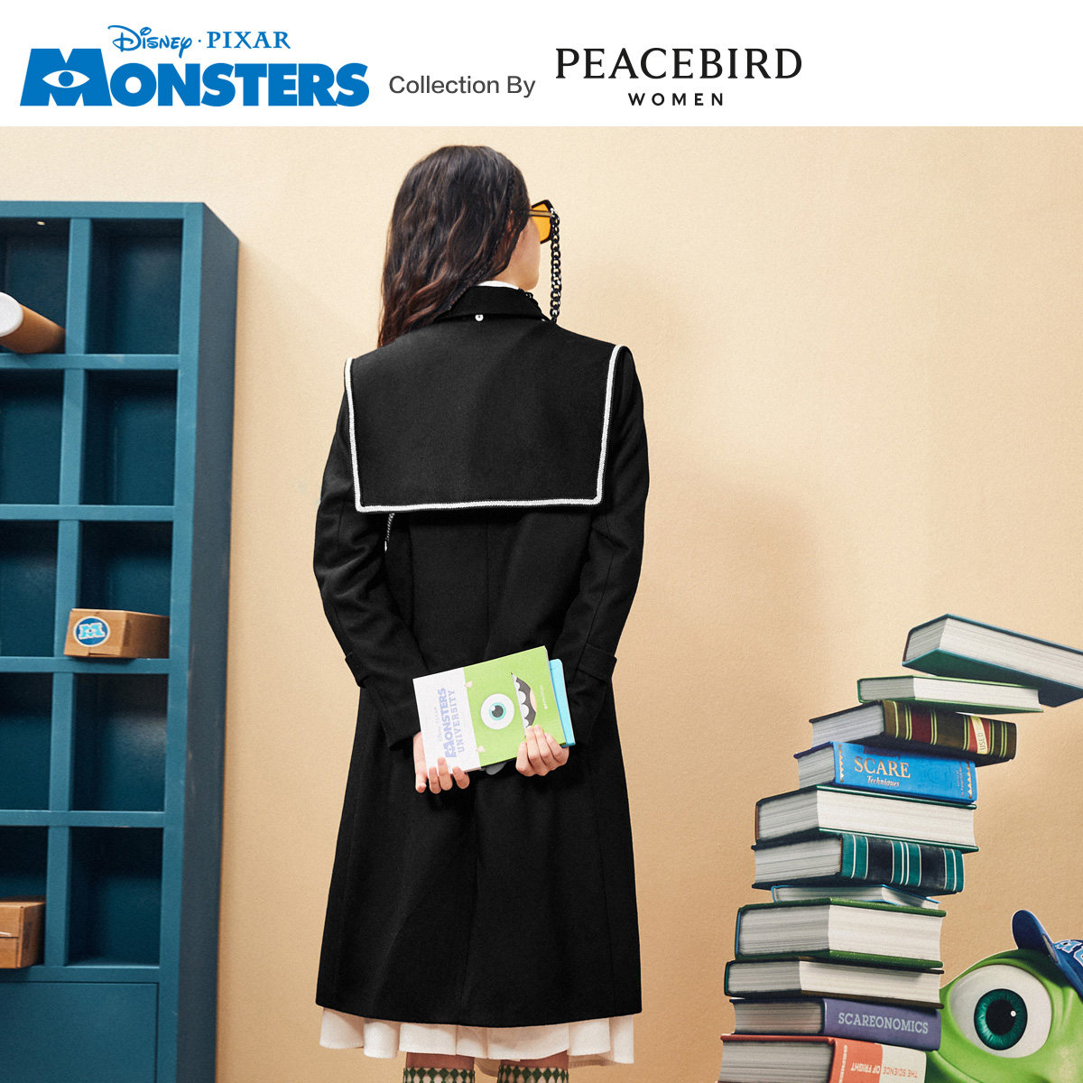 【怪兽大学联名】太平鸟黑色中长款 太平鸟喜之乐毛呢外套