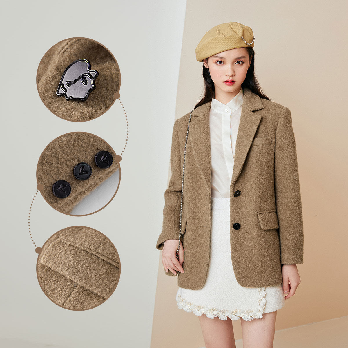 【明星春夏同款】太平鸟羊毛毛呢大衣 太平鸟毛呢外套