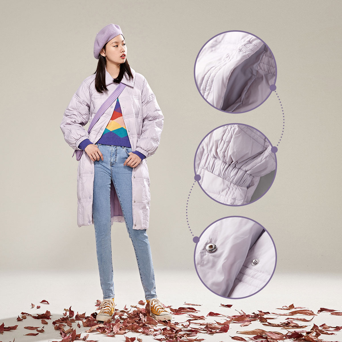 太平鸟紫色中长款轻女2020长白鸭绒 太平鸟羽绒服