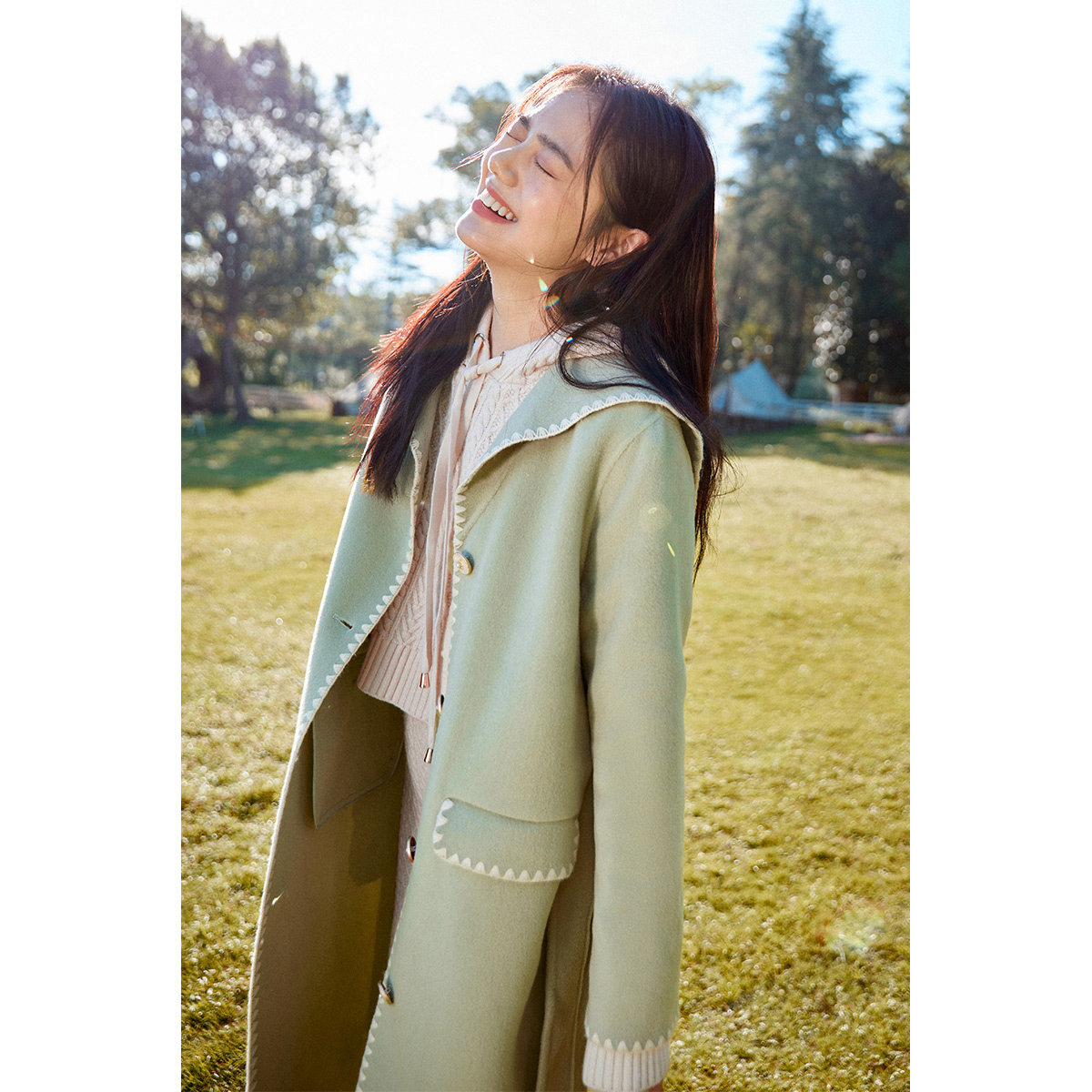 太平鸟绿色海军领双面2020呢大衣 太平鸟喜之乐毛呢外套