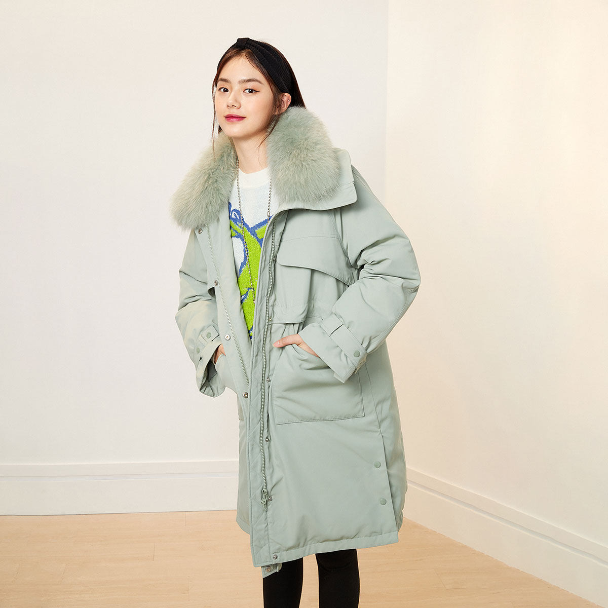 太平鸟中长款白鸭绒派克服女2020潮 太平鸟喜之乐羽绒服