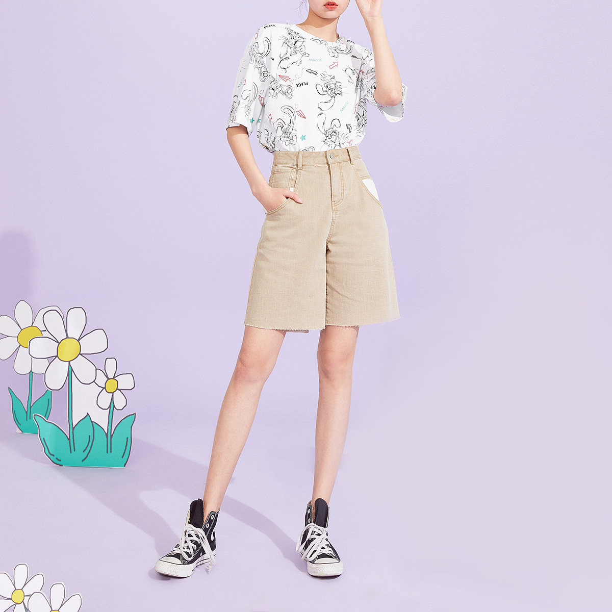 太平鸟高腰阔腿休闲短裤女夏牛仔裤 太平鸟普埃拉牛仔裤